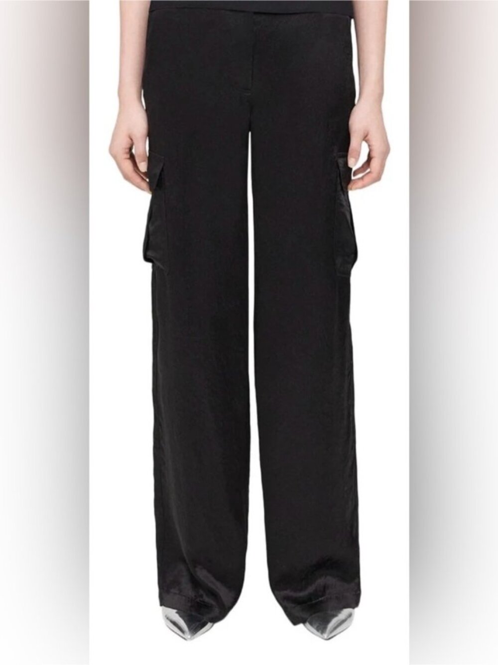 Theory Black Satin Cargo Pants. Size 6